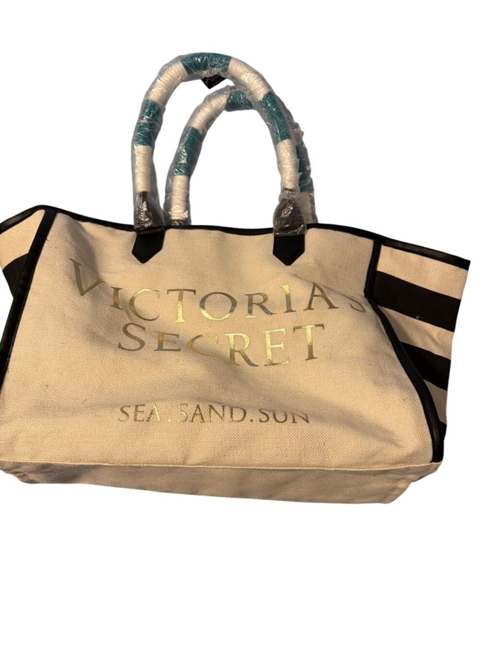 Victorias Secret Canvas Striped Tote Bag Sea Sand Sun Gold Logo Large Beach NWT